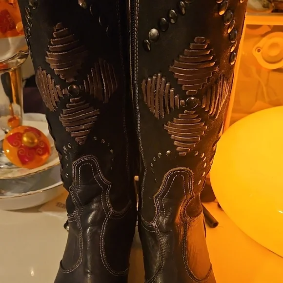 Mark Nason Black and Brown Embellished Long Zipper Boots - Picture 3 of 8